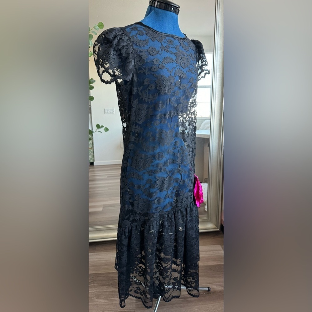 Vintage 80s Neiman Marcus Big Pink Bow Black Lace Maxi Dress - Picture 8 of 11